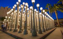 Night view of Chris Burden's "Urban Light" at LACMA